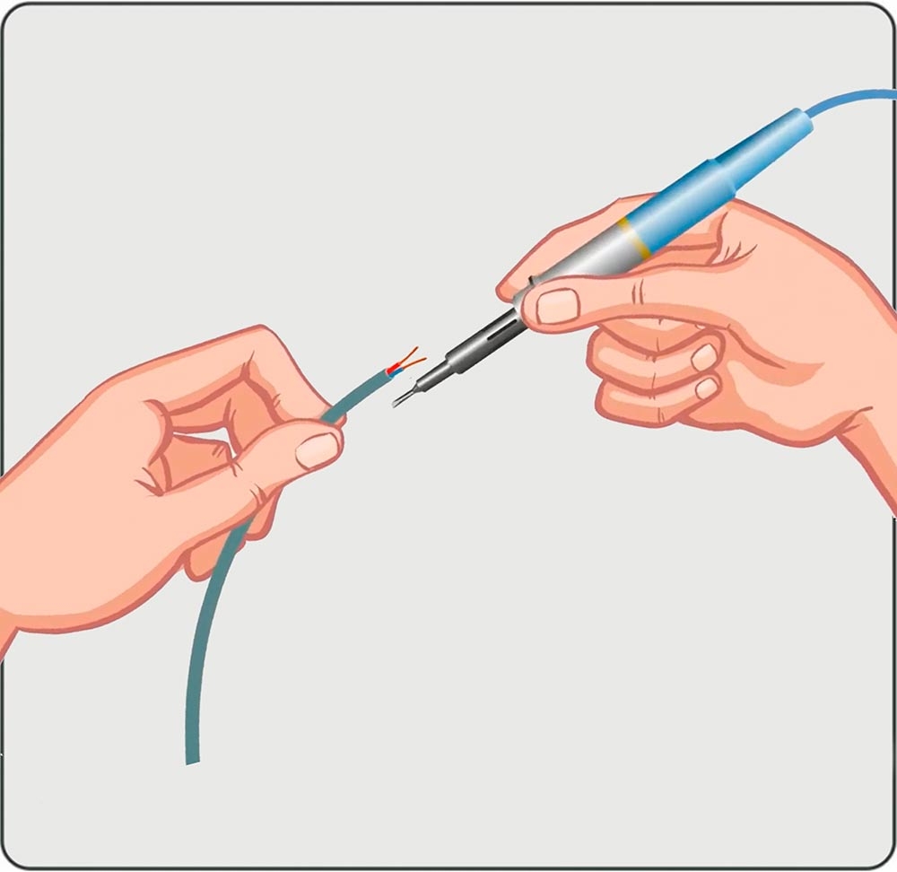 The first step is to strip the wire ends of insulation and to tin them.