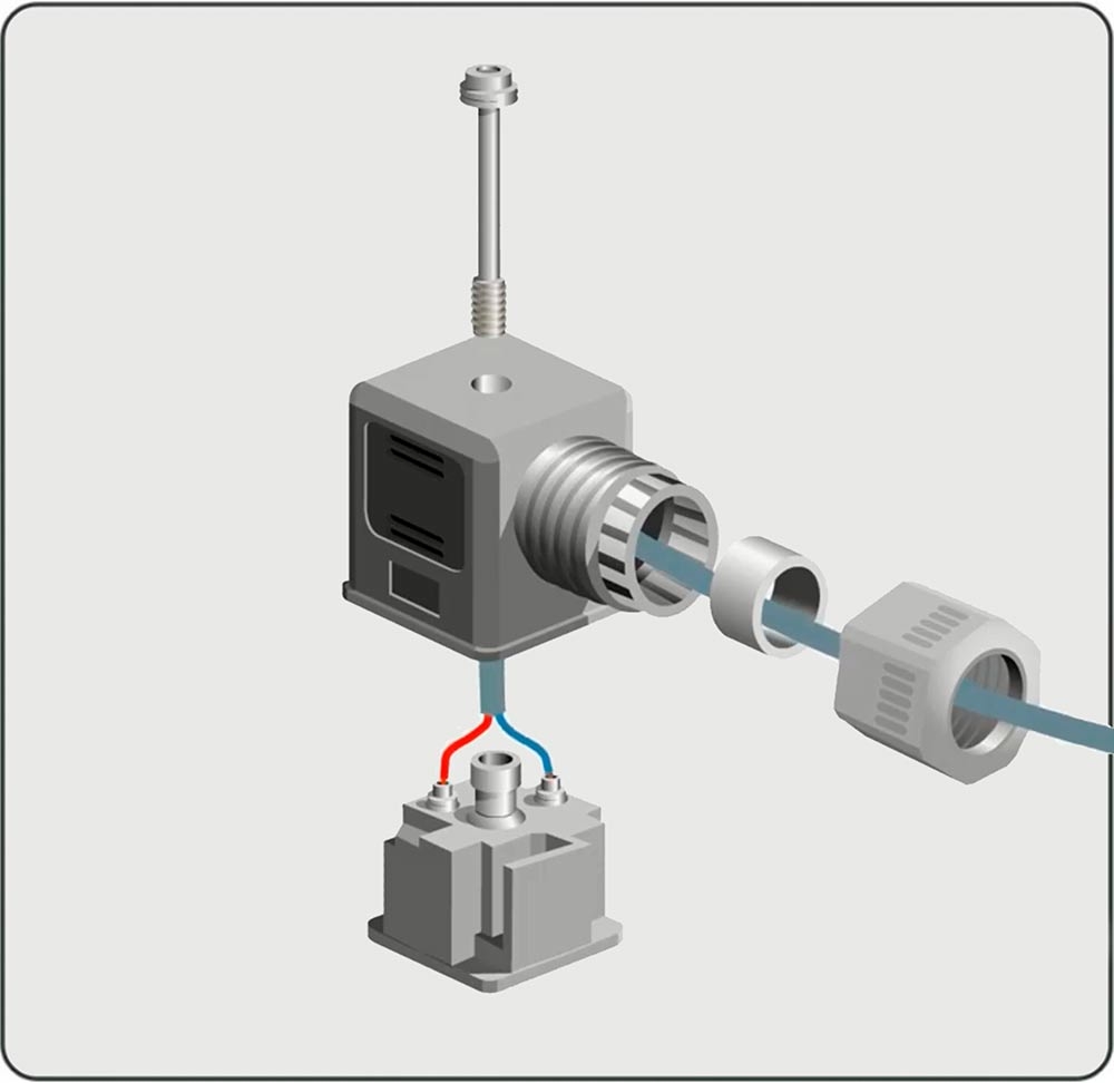 Disassemble the connector. Pull the wire through the nut and the rubber sealing sleeve. 